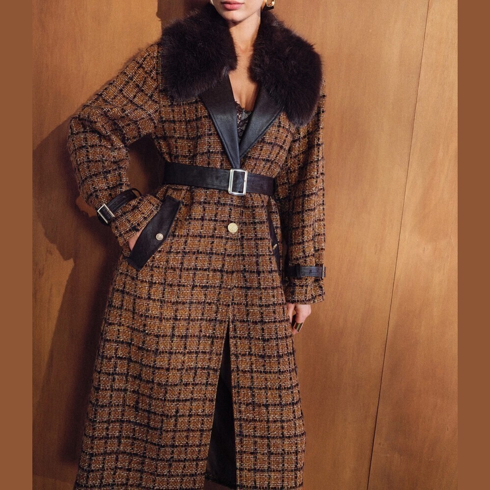 Brown Plaid Tweed Faux Fur Collar Vegan Leather Trim Belted Midi Coat